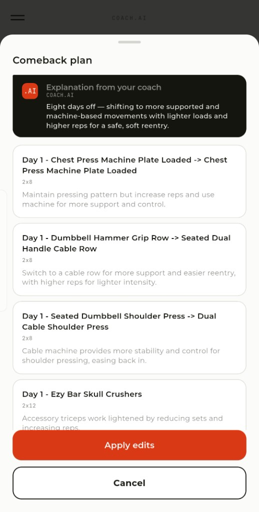 Coach.AI proposing plan changes after missed training days