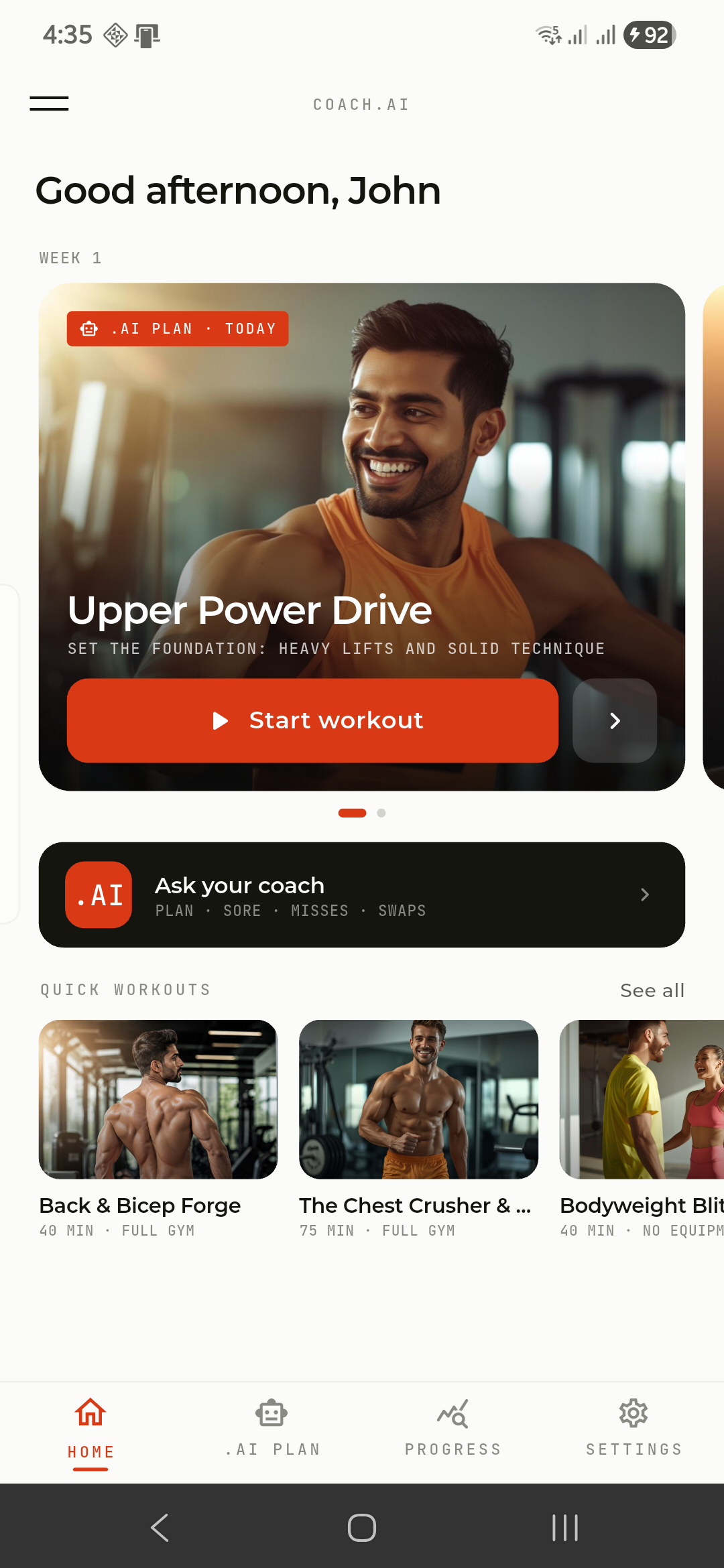 Coach.AI home screen with today's workout ready to start