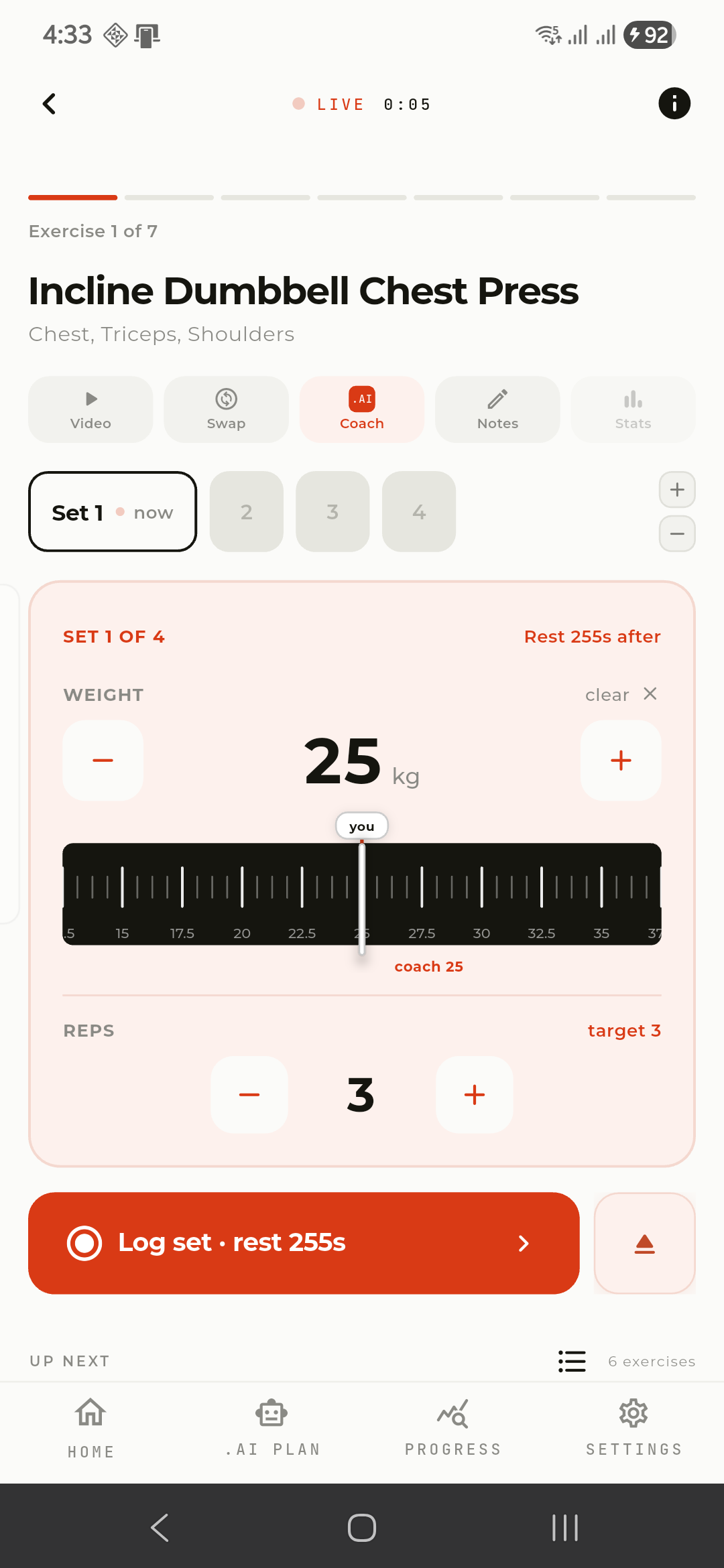 Coach.AI workout player showing the current exercise, weight and reps